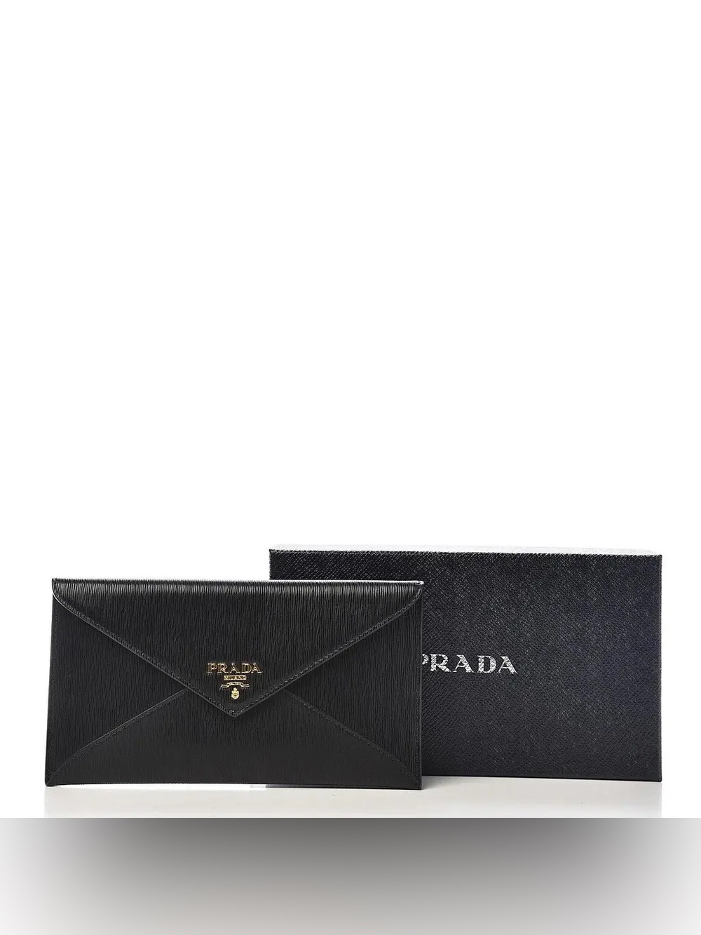 Prada Black Saffiano Leather Envelope Wallet with Gold Logo